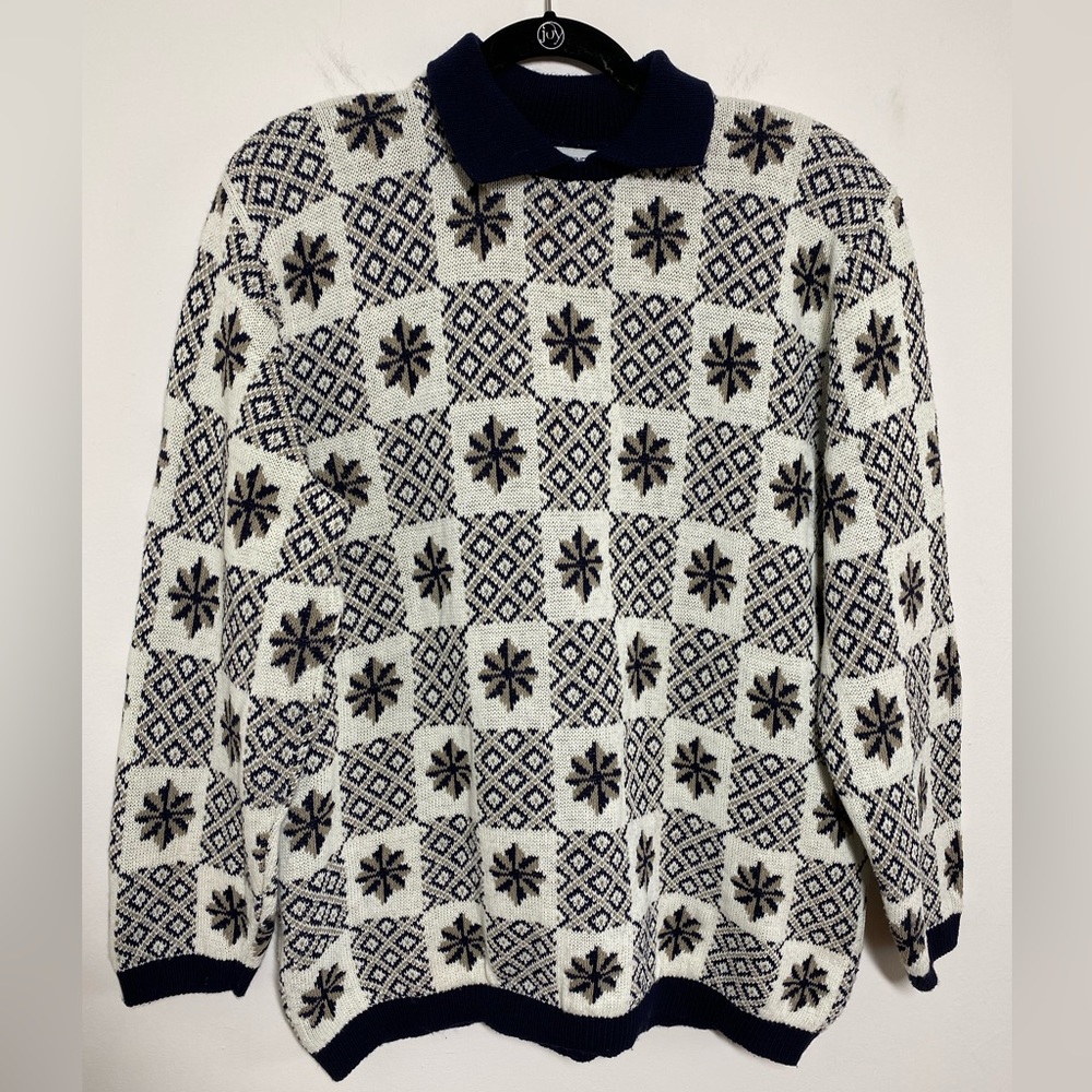 Vintage Alfred Dunner Size Large Navy All Over Print Collared USA Made Sweater